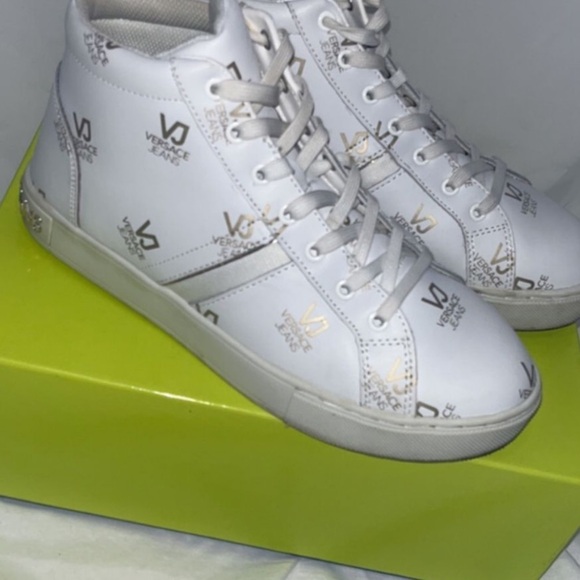 Versace Jeans White High Top Sneakers Sz 9 White Logo Sneakers - Picture 3 of 6